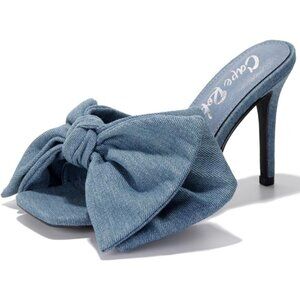 Women's Light Blue Bow Slip On Square Toe Hight Heeled Heels Sandals Shoes